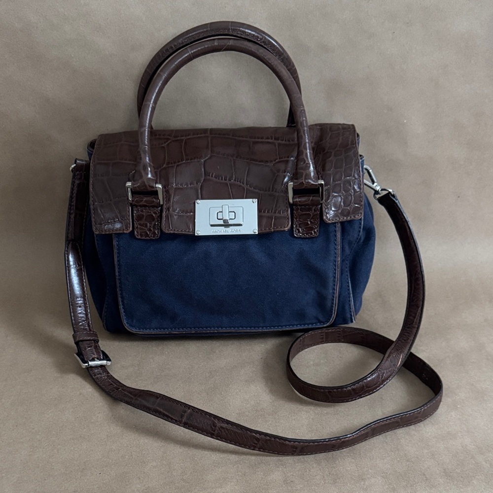 Michael Kors Navy Blue Canvas and Brown Croc-Embossed Leather Satchel Bag